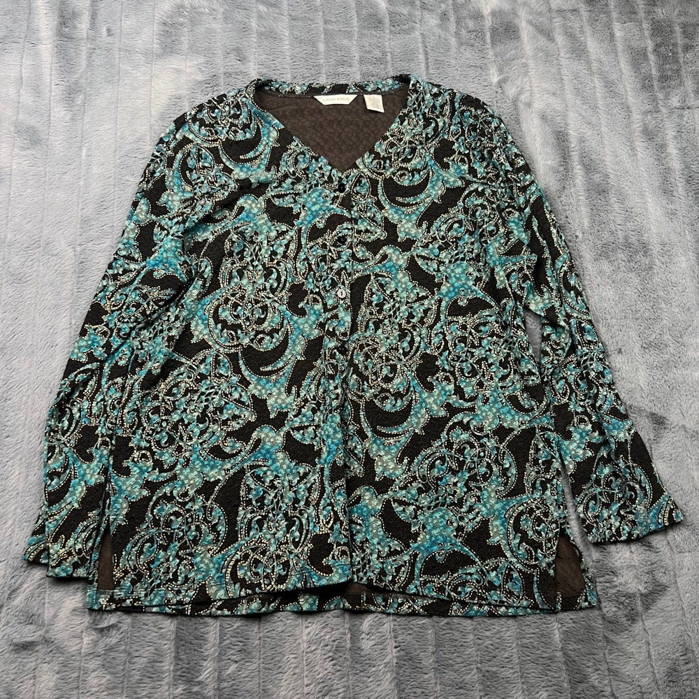 Laura Ashley Teal Black Paisley Metallic V-Neck Button Front Blouse Top Large